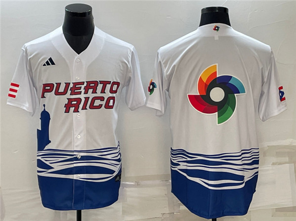 Men's Puerto Rico Baseball 2023 White World Baseball Big Logo With Patch Classic Stitched Jersey - Click Image to Close